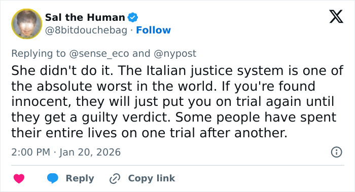 Tweet from user Sal the Human criticizing the Italian justice system amid Amanda Knox cancel culture feud.