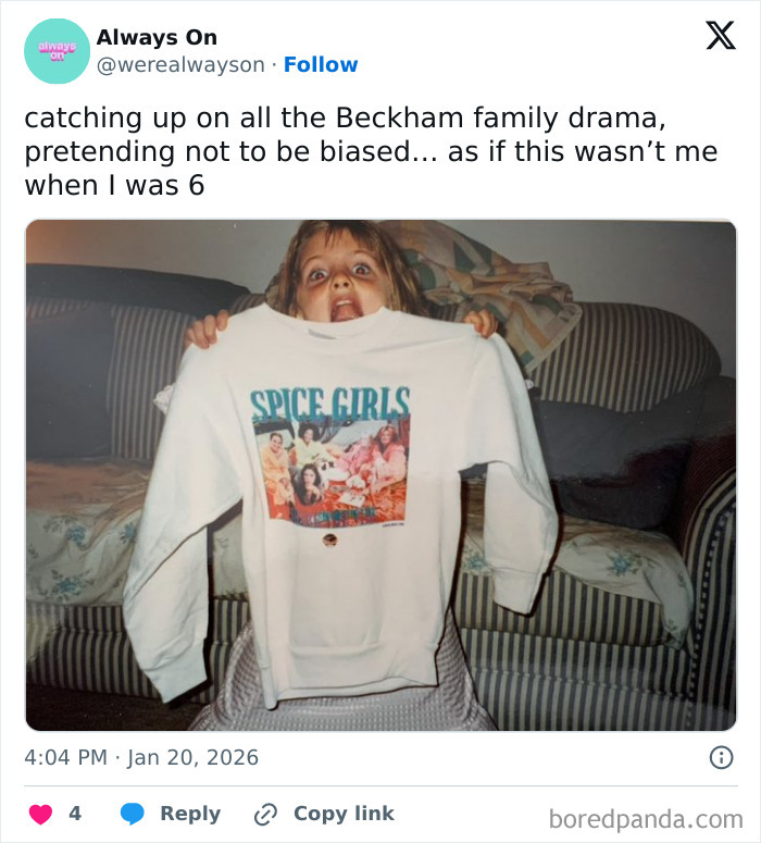 Child holding a Spice Girls sweatshirt while a tweet references the Beckham family and viral memes about Victoria Beckham.