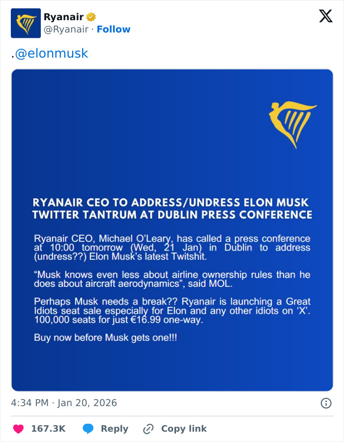 Ryanair tweet mocks Elon Musk with a brutal takedown referencing his Twitter tantrum and a satirical press conference.