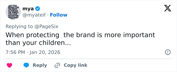 Tweet from user Mya criticizing protecting a brand over children amid Cruz Beckham mocking Victoria dancing claims.