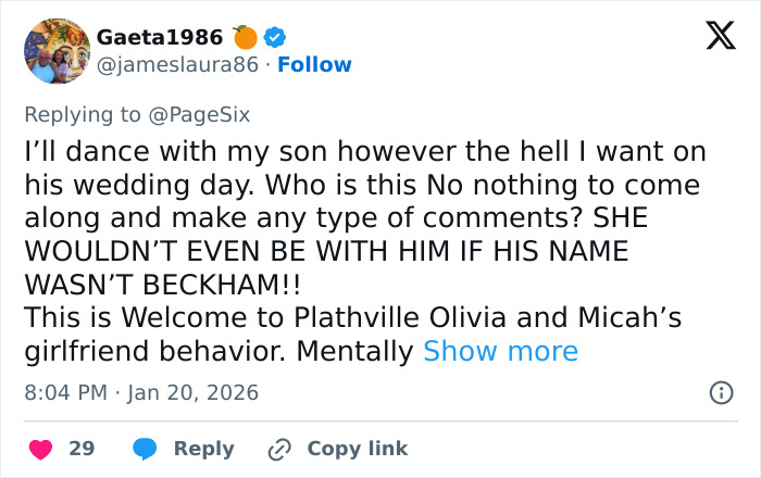 Tweet expressing strong opinion about dancing with son at wedding, referencing Cruz Beckham and Brooklyn's comments.