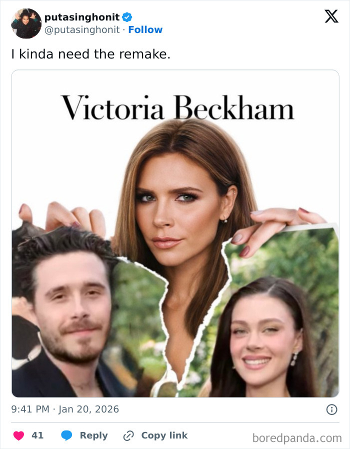 Victoria Beckham holding torn photo edges between a man and woman, highlighting wedding spotlight and viral memes.