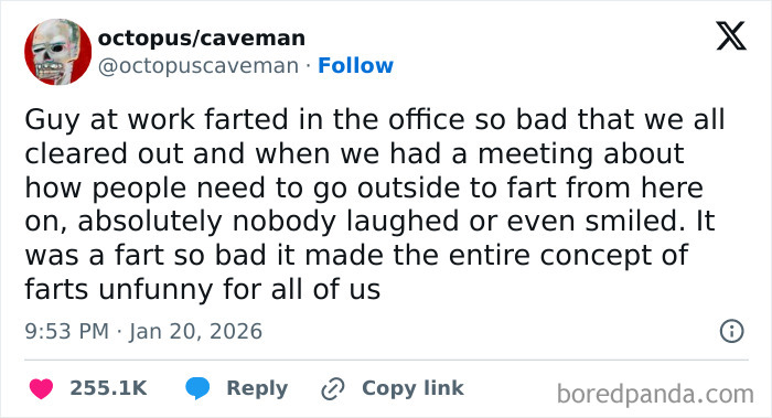 Tweet about an embarrassing office moment involving a bad fart that only became funny long after it happened.