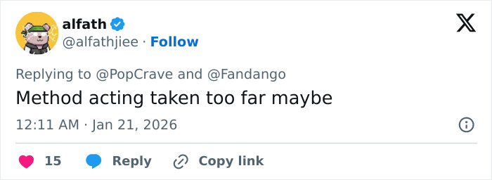 Tweet from user alfathjjee commenting on method acting in relation to Margot Robbie's on-set relationship with Wuthering Heights co-star Jacob Elordi.