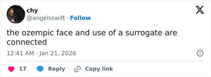 Tweet by user chy discussing the connection between Ozempic use and surrogate in a social media post.