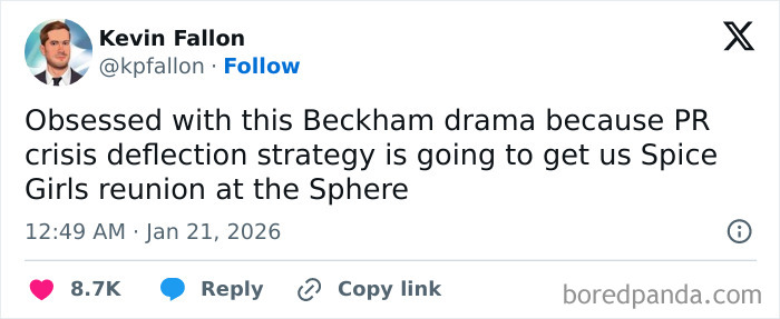 Screenshot of a tweet discussing Beckham drama and a potential Spice Girls reunion linked to Victoria Beckham at son’s wedding.