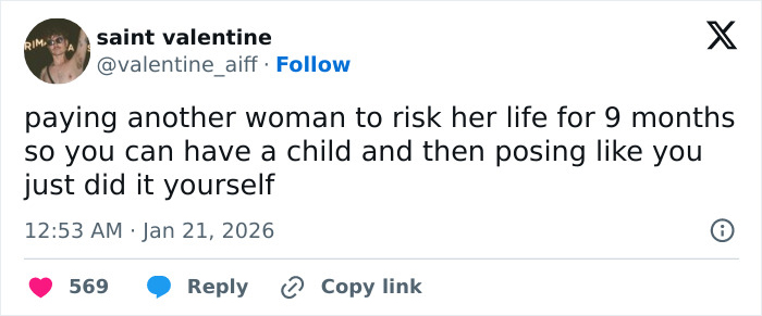Tweet criticizing the ethics of using a secret surrogate baby, linked to Meghan Trainor's performative image controversy.