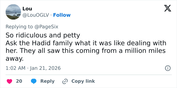 Tweet from Lou criticizing a family dispute, mentioning Victoria Beckham and Cruz Beckham mocking Brooklyn's claim.