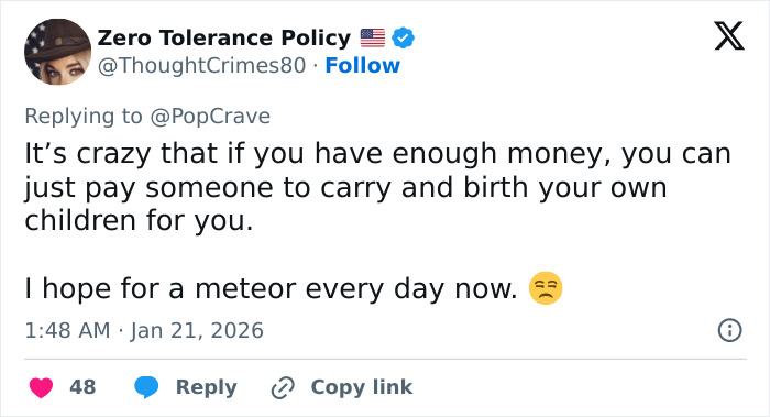 Tweet discussing Meghan Trainor's secret surrogate baby and public reactions expressing disbelief and shock.