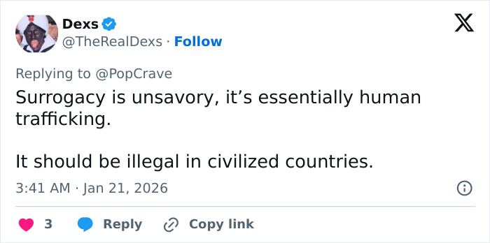 Tweet criticizing surrogacy as human trafficking, calling for it to be illegal in civilized countries.