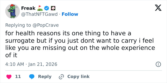 Tweet discussing opinions on using a surrogate, relating to Meghan Trainor breaking silence amid backlash about surrogacy. Tweet discussing opinions on using a surrogate, relating to Meghan Trainor breaking silence amid backlash about surrogacy.