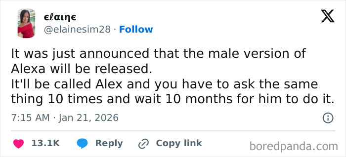 Screenshot of a humorous tweet about the male version of Alexa, showcasing internet moments that got way too funny this January.