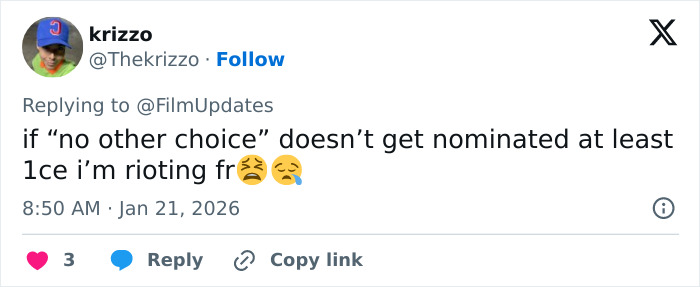 User tweet expressing frustration about a film’s chance of receiving 2026 Oscar nominations in an online post. User tweet expressing frustration about a film’s chance of receiving 2026 Oscar nominations in an online post.