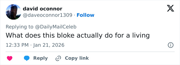 Tweet from david oconnor questioning someone's occupation in response to a Daily Mail Celeb post.