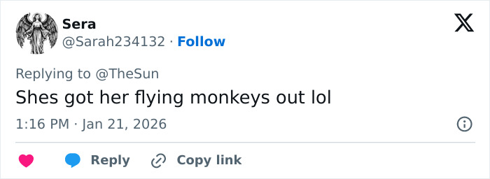 Screenshot of a tweet replying to The Sun with a comment about flying monkeys, showing Twitter interface elements.