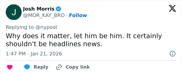 Screenshot of a tweet from Josh Morris responding to Alexander Skarsg&aring;rd orientation comments going viral.