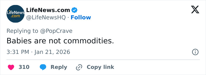 Tweet from LifeNews.com expressing that babies are not commodities amid Meghan Trainor surrogate controversy. Tweet from LifeNews.com expressing that babies are not commodities amid Meghan Trainor surrogate controversy.
