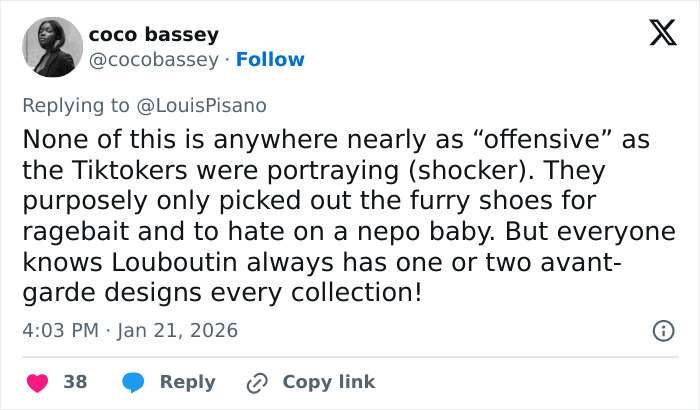 User coco bassey responding to criticism about Jaden Smith’s Christian Louboutin collection and internet roasts. User coco bassey responding to criticism about Jaden Smith’s Christian Louboutin collection and internet roasts.