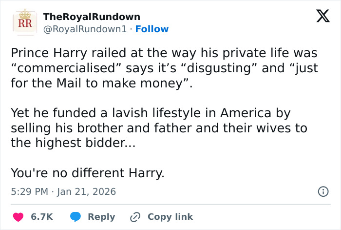 Screenshot of a tweet discussing Prince Harry&rsquo;s reaction to his private life being commercialized amid emotional trial accusations.