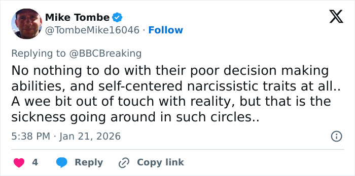 Tweet by Mike Tombe expressing opinions on decision making and narcissistic traits amid viral discussions.