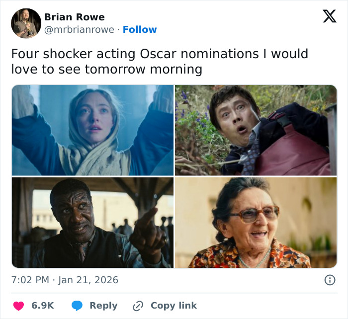 Four shocked actors in scenes, highlighting diverse performances in 2026 Oscar nominations from the Academy release. Four shocked actors in scenes, highlighting diverse performances in 2026 Oscar nominations from the Academy release.