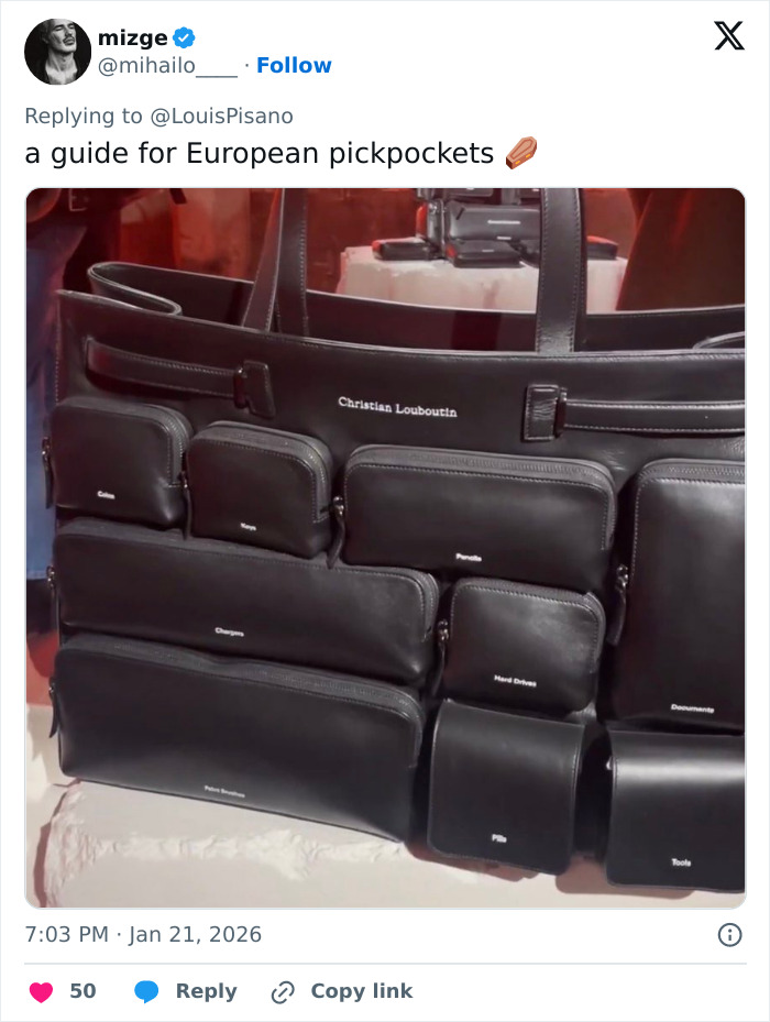 Black Brooklyn Beckham Christian Louboutin collection featuring multiple labeled black leather pouches and bags arranged on display. Black Brooklyn Beckham Christian Louboutin collection featuring multiple labeled black leather pouches and bags arranged on display.