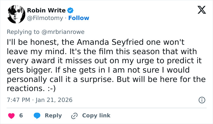 Tweet discussing Amanda Seyfried’s potential in the 2026 Oscar nominations and audience reactions anticipated. Tweet discussing Amanda Seyfried’s potential in the 2026 Oscar nominations and audience reactions anticipated.