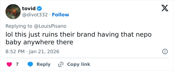 Screenshot of a tweet criticizing Jaden Smith, mentioning nepo baby and its impact on the brand image. Screenshot of a tweet criticizing Jaden Smith, mentioning nepo baby and its impact on the brand image.