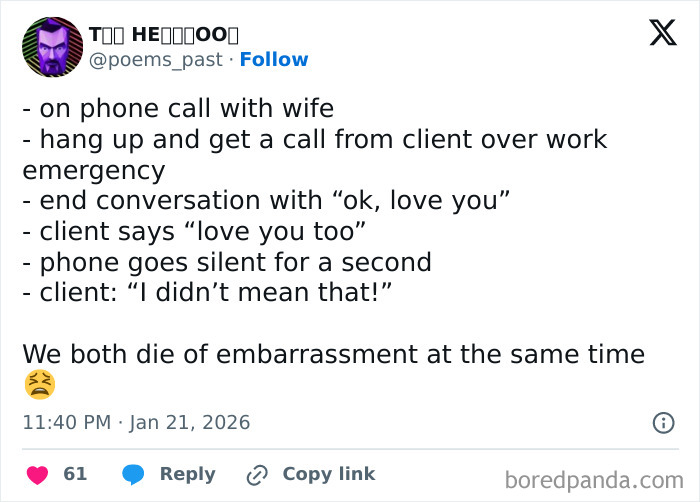 Tweet showing an embarrassing situation involving a mistaken "love you" message that becomes funny later.