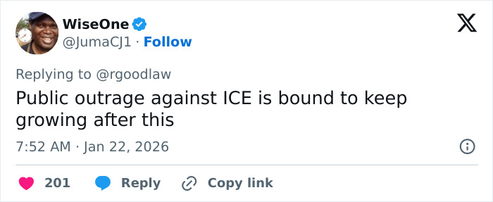 Twitter post by WiseOne discussing public outrage against ICE growing after harrowing autopsy details of Renee Good's final moments.