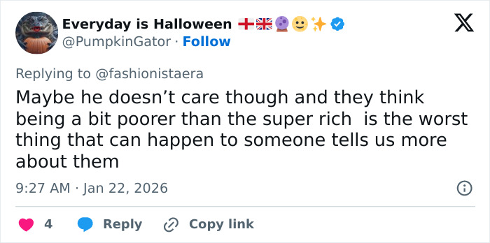 Tweet discussing opinions on wealth and poverty, mentioning the Beckham family feud and Brooklyn&rsquo;s prenup with the Peltz family.