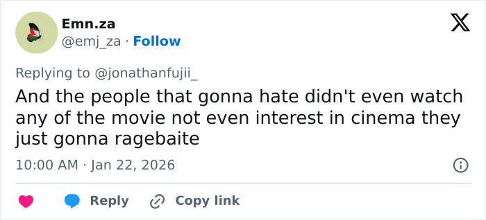 Twitter user reacting to the release of the 2026 Oscar nominations, discussing movie and cinema interest online. Twitter user reacting to the release of the 2026 Oscar nominations, discussing movie and cinema interest online.