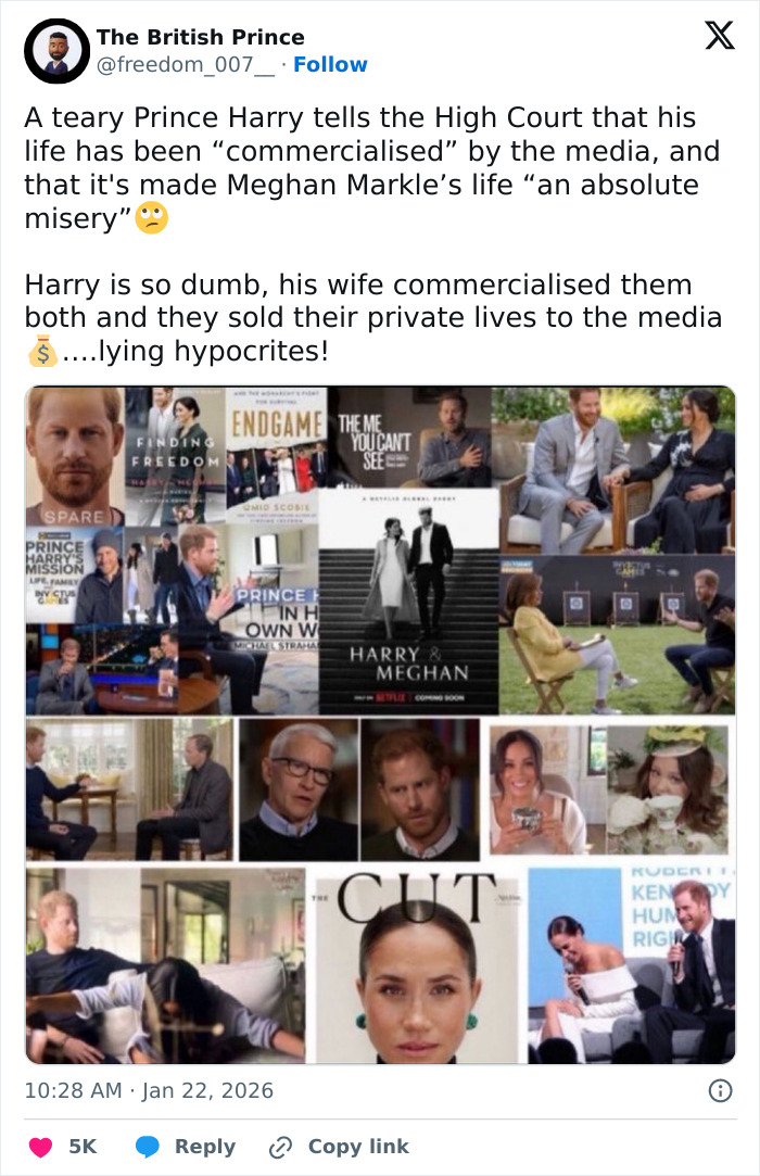 Collage of Prince Harry and Meghan Markle in interviews and public appearances amid Liz Hurley emotional accusations trial.