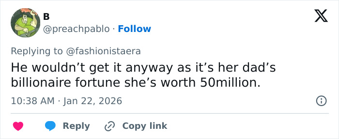 Twitter reply discussing Brooklyn Beckham&rsquo;s prenup linked to the Peltz family fortune and financial ties in the feud.