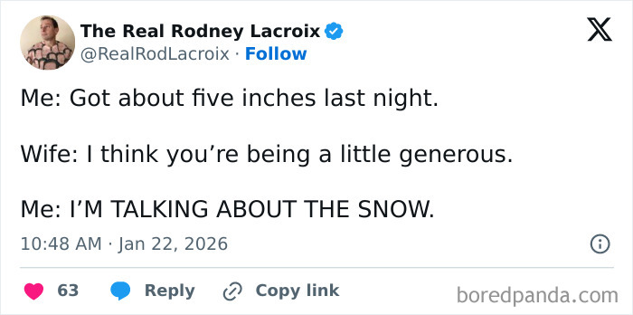 Tweet by The Real Rodney Lacroix humorously depicting a dad’s relatable joke about getting five inches of snow overnight.