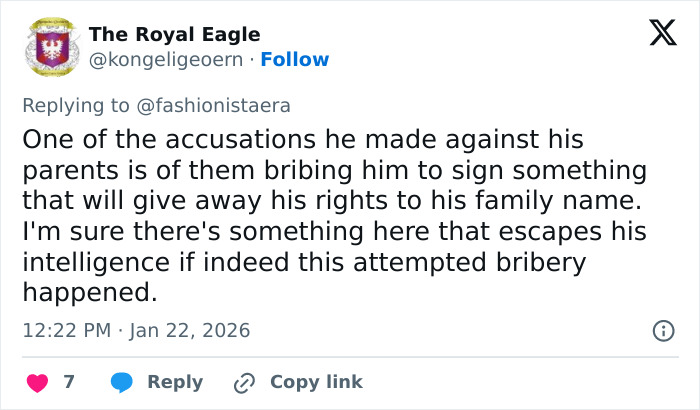 Screenshot of a tweet discussing Brooklyn Beckham&rsquo;s prenup allegedly restricting him in the Beckham-Peltz family feud.