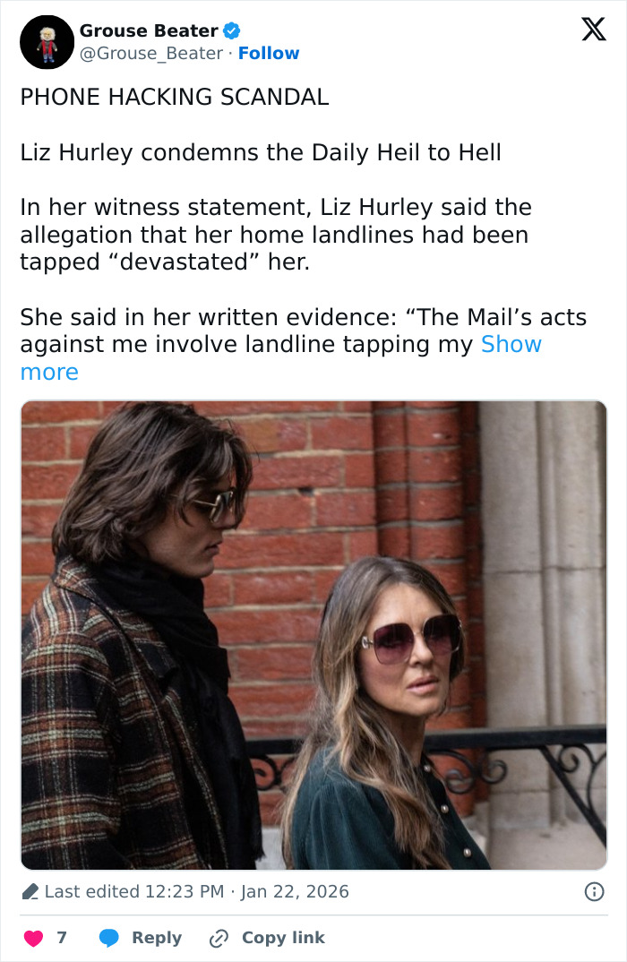 Liz Hurley wearing sunglasses and green coat, appearing emotional during Prince Harry trial outside courthouse.