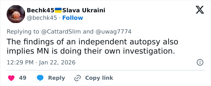 Tweet discussing independent autopsy findings related to Renee Good&rsquo;s family investigation into her final moments.