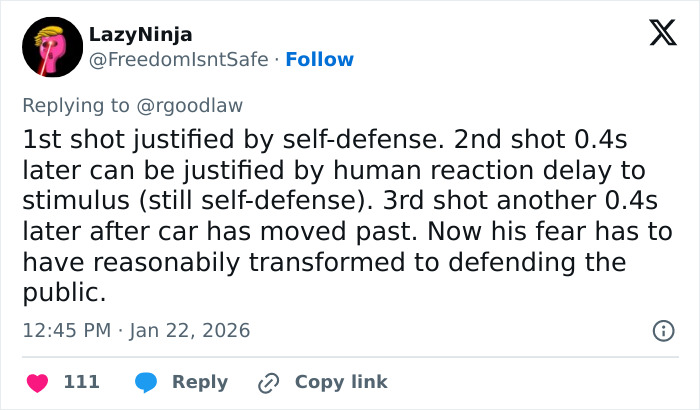 Tweet discussing justification of multiple shots in self-defense and public protection, revealing new details of final moments.