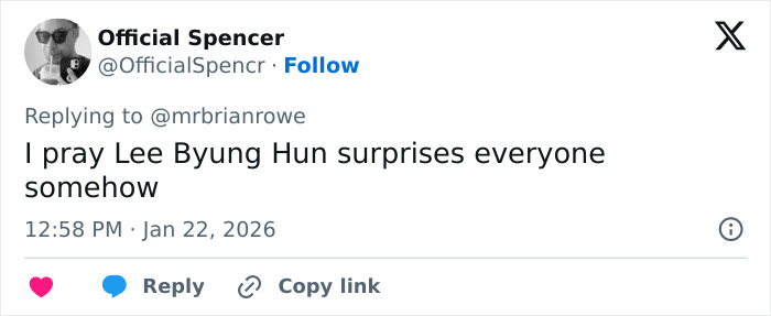 Tweet from Official Spencer expressing hope Lee Byung Hun surprises everyone in the context of Academy 2026 Oscar nominations. Tweet from Official Spencer expressing hope Lee Byung Hun surprises everyone in the context of Academy 2026 Oscar nominations.