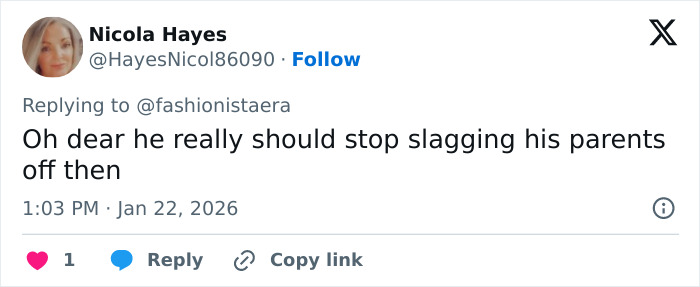 Twitter comment by Nicola Hayes reacting to Beckham family feud involving Brooklyn and prenup with Peltz family.