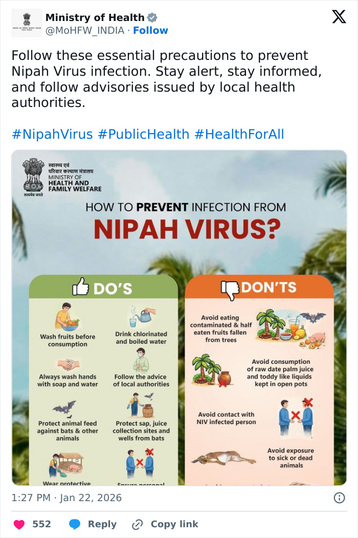 Ministry of Health tweet sharing Nipah Virus prevention tips amid virus outbreak causing COVID-style airport restrictions