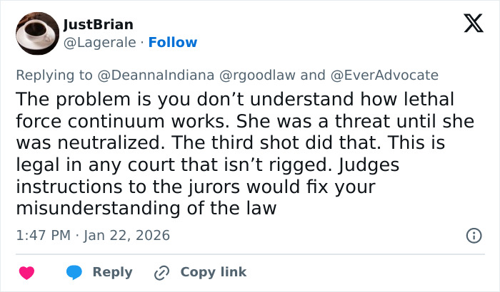 Tweet discussing lethal force continuum and legal aspects related to autopsy released by Renee Good&rsquo;s family.