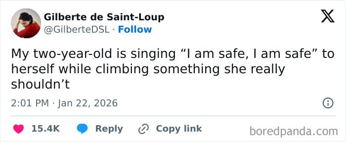 Screenshot of a humorous parenting tweet showing a toddler singing to herself while doing something risky, highlighting comedic moments.
