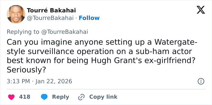 Tweet discussing surveillance operation related to Liz Hurley amid emotional accusations in Prince Harry trial.