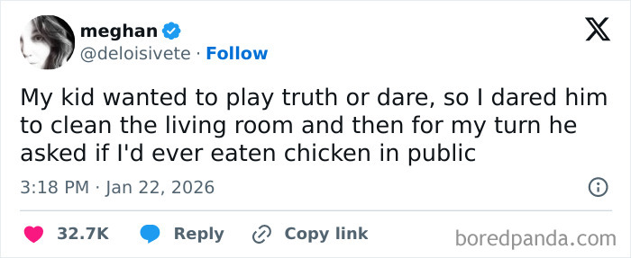Tweet showing an unintentionally comedic parenting moment about playing truth or dare with a child refusing to clean.