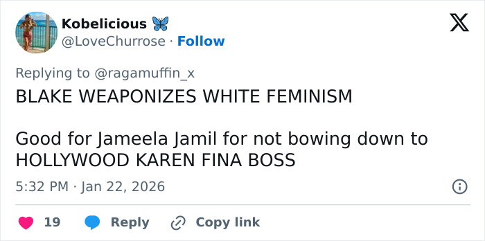 Twitter post highlighting British actress Jameela Jamil criticizing Blake Lively in revealed texts.