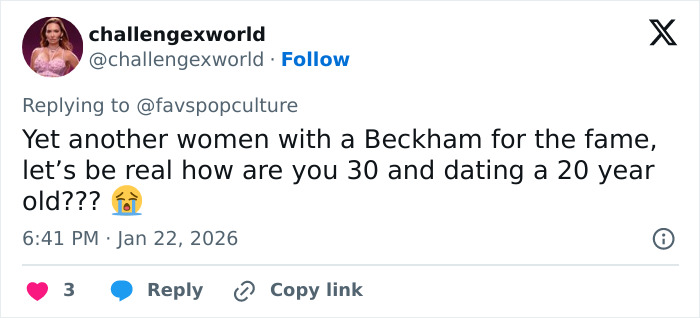 Tweet discussing Cruz Beckham&rsquo;s outing with mom lookalike girlfriend, sparking buzz about how old she is.