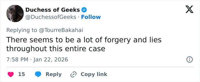 Tweet from Duchess of Geeks discussing forgery and lies in the Prince Harry trial amid Liz Hurley emotional accusations.