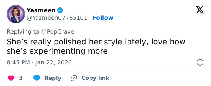 Screenshot of a tweet praising Millie Bobby Brown&rsquo;s sultry snaps and polished, experimental style.